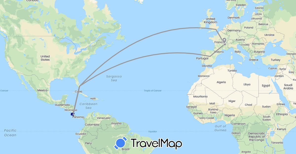 TravelMap itinerary: driving, plane, boat in Costa Rica, France, United Kingdom, United States (Europe, North America)
